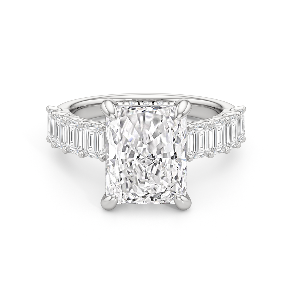 Hidden Halo Emerald Side Stones Engagement Ring with Radiant Cut Diamond in 14KT Platinum view 1
