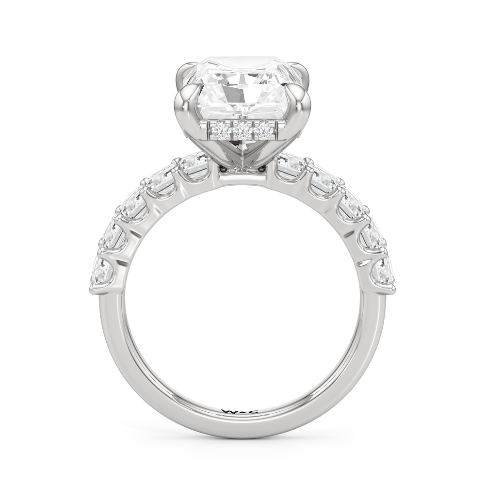 Hidden Halo Emerald Side Stones Engagement Ring with Radiant Cut Diamond in 14KT Platinum view 4
