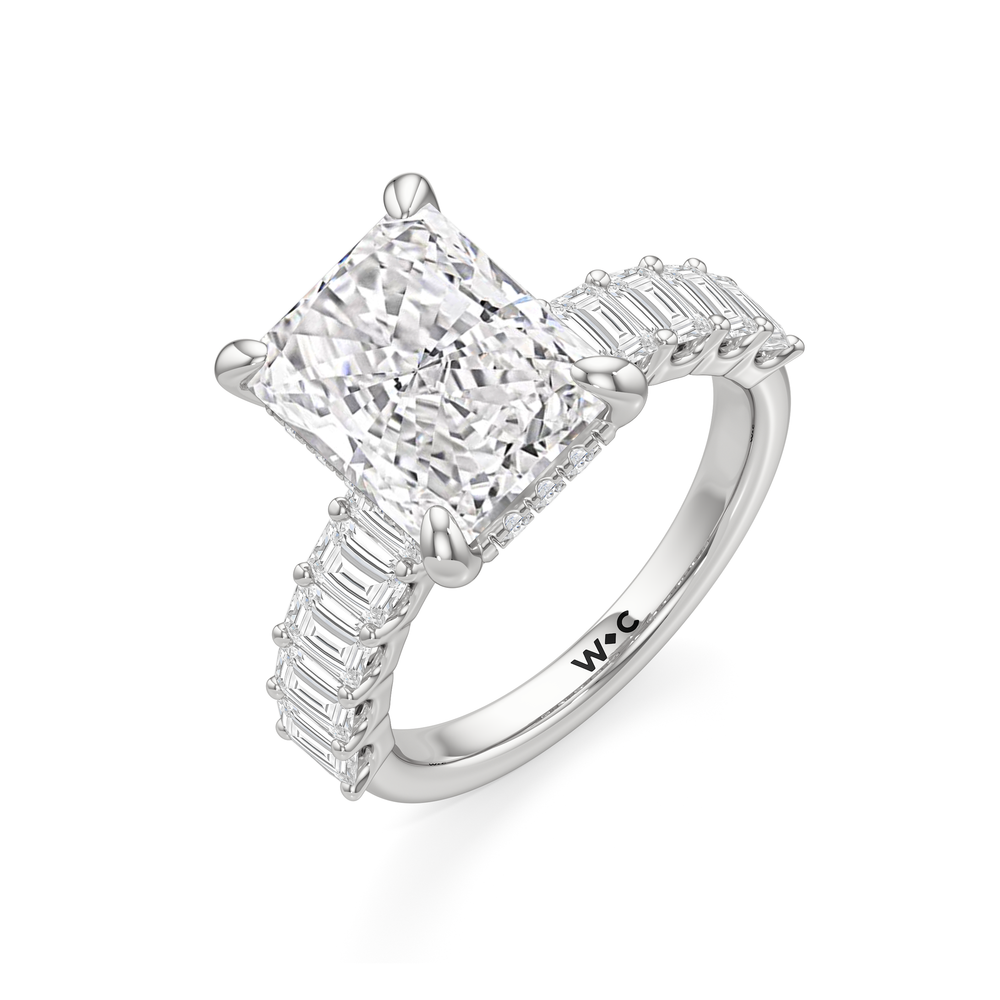 Hidden Halo Emerald Side Stones Engagement Ring with Radiant Cut Diamond in 14KT Platinum view 5
