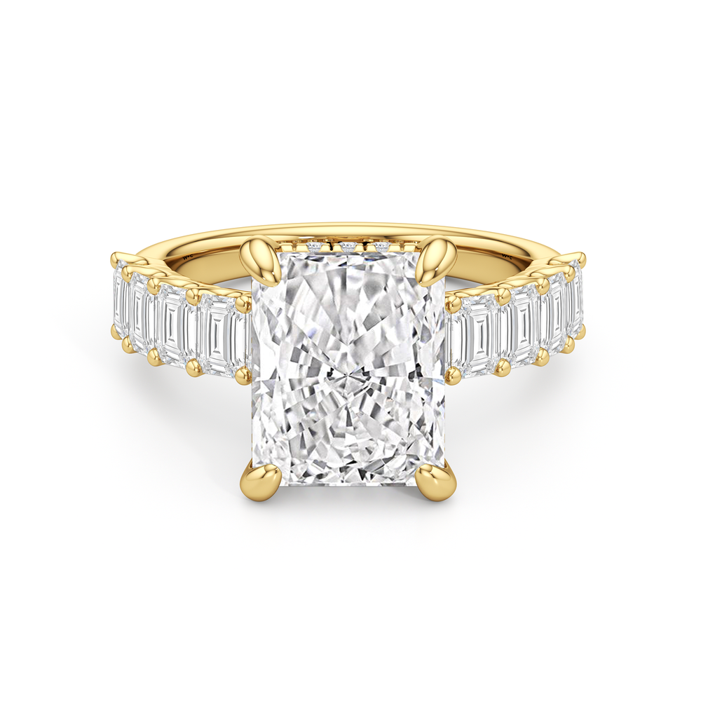 Hidden Halo Emerald Side Stones Engagement Ring with Radiant Cut Diamond in 14KT Yellow Gold view 1

