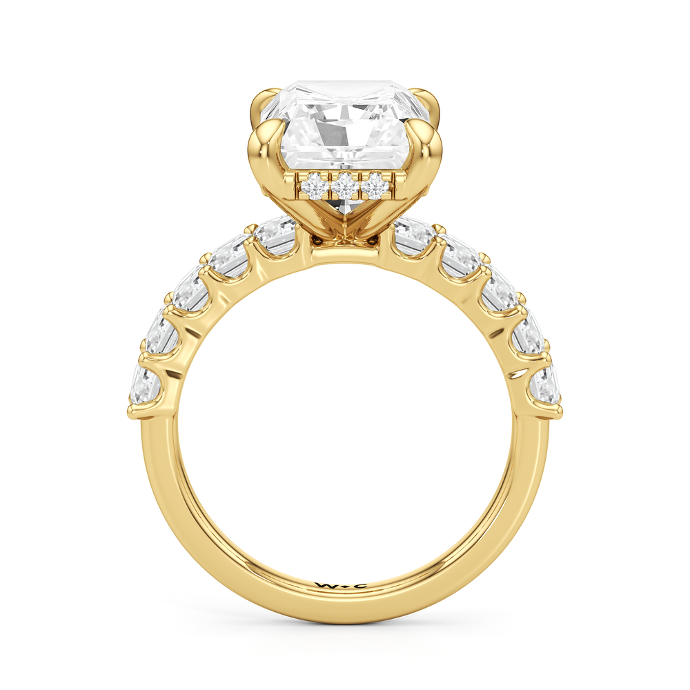 Hidden Halo Emerald Side Stones Engagement Ring with Radiant Cut Diamond in 14KT Yellow Gold view 4
