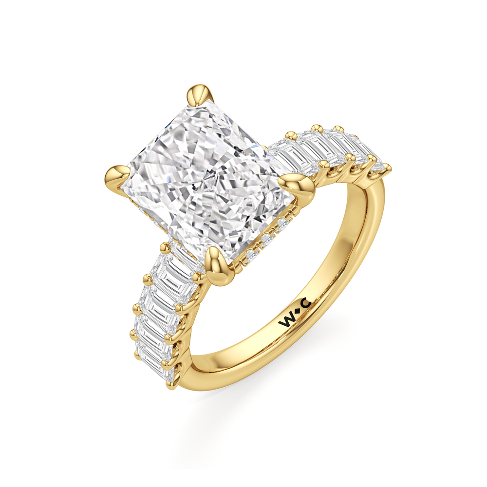 Hidden Halo Emerald Side Stones Engagement Ring with Radiant Cut Diamond in 14KT Yellow Gold view 5
