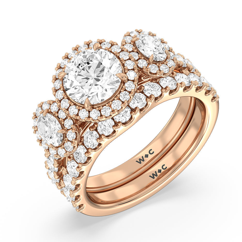Halo Three Stone Lab Diamond Wedding Band with 18KT Rose Gold Cut Diamond in 14KT Rose Gold view 3
