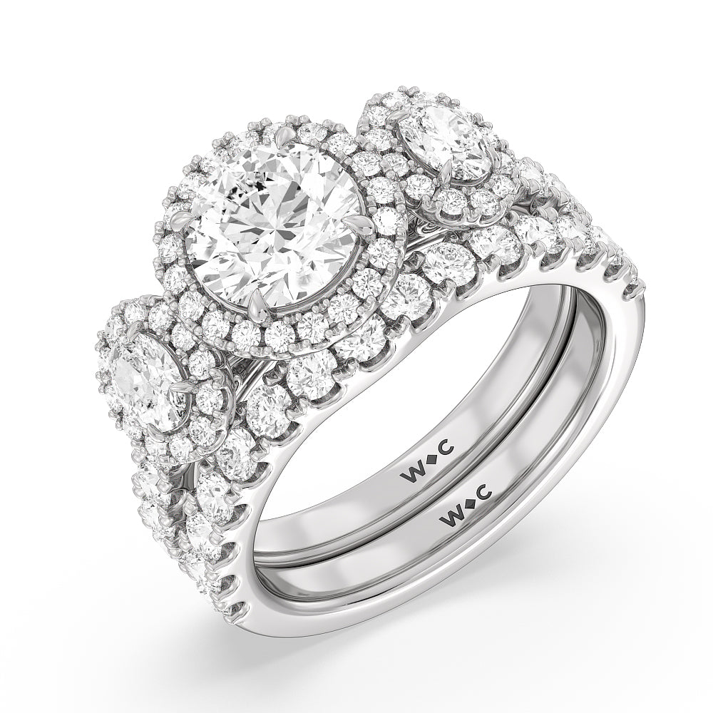 Halo Three Stone Lab Diamond Wedding Band with Platinum Cut Diamond in 14KT Platinum view 3
