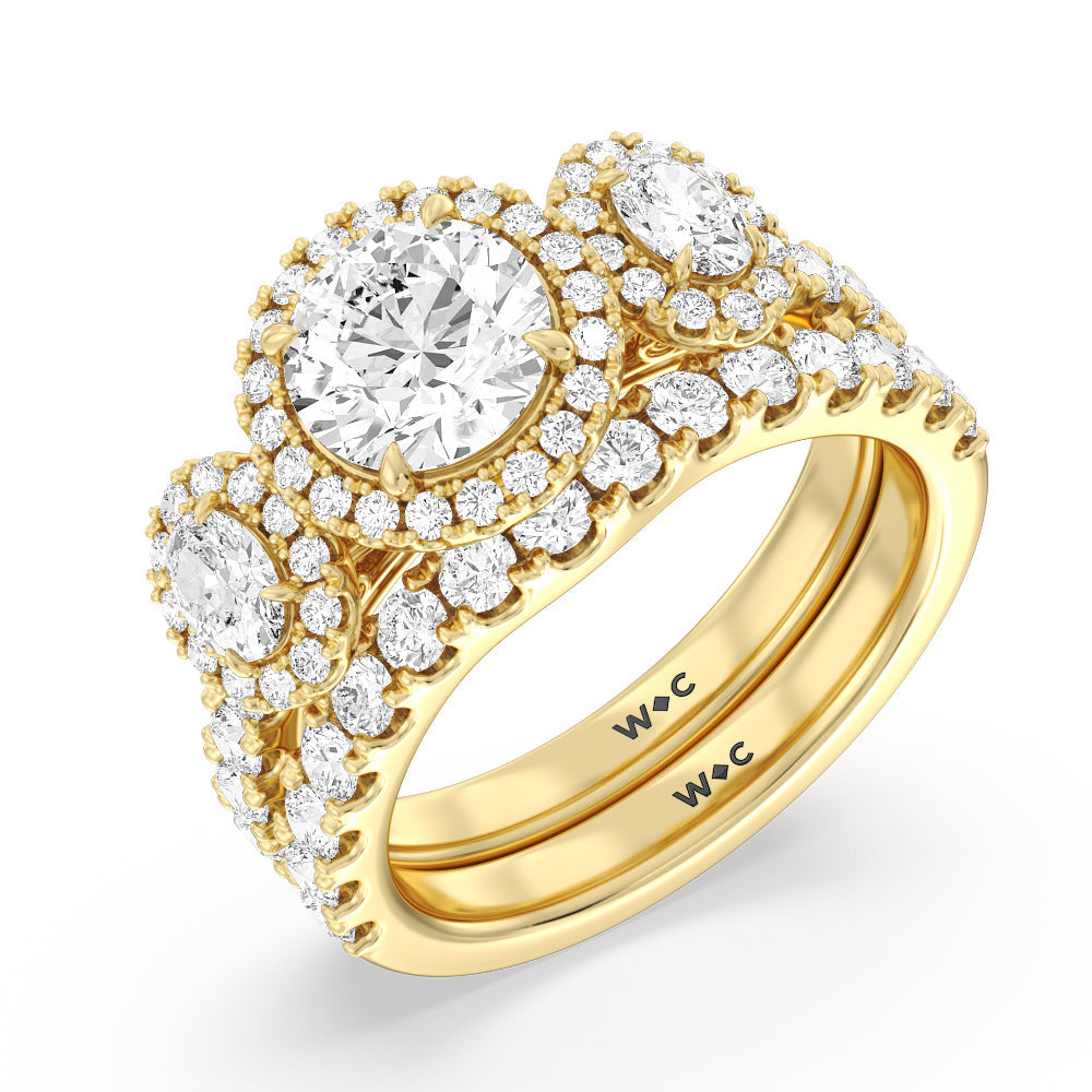 Halo Three Stone Lab Diamond Wedding Band with 18KT Yellow Gold Cut Diamond in 14KT Yellow Gold view 3
