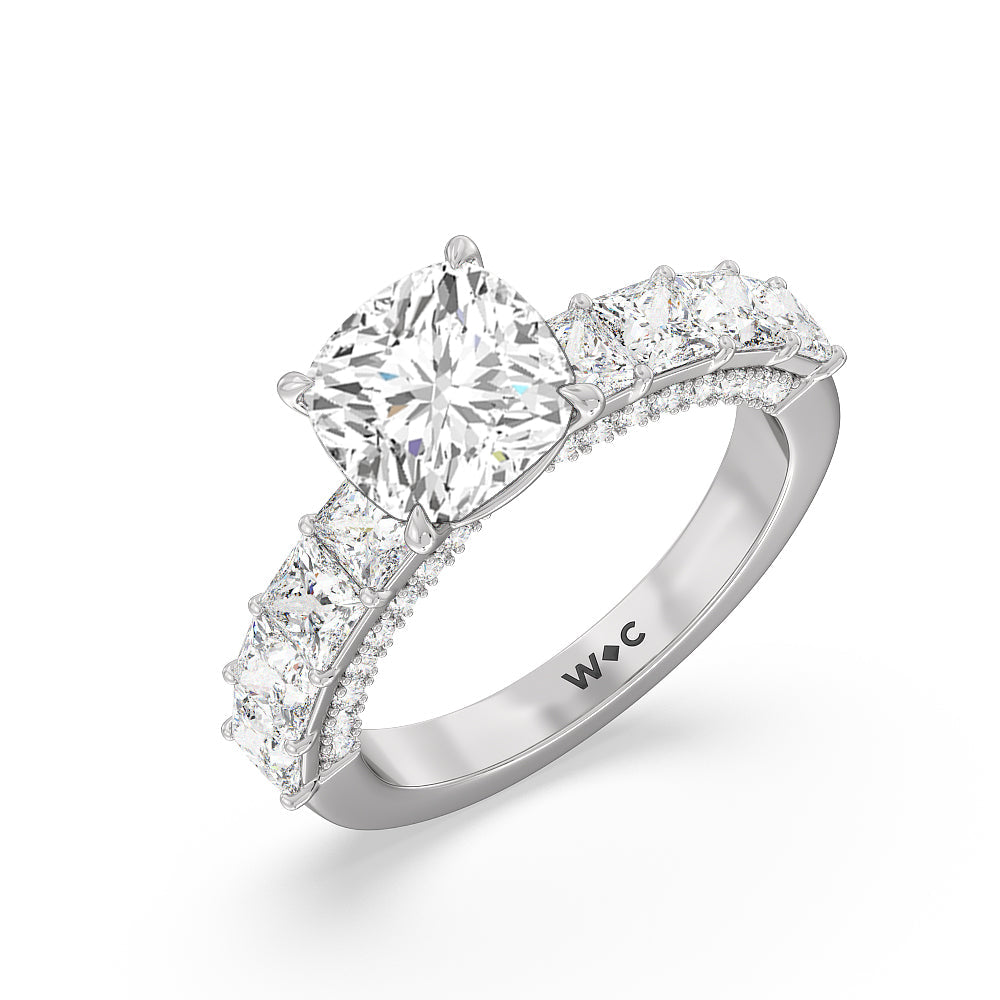 Gallery Studded Princess Cut Engagement Ring with Cushion Cut Diamond in 14KT Platinum view 3
