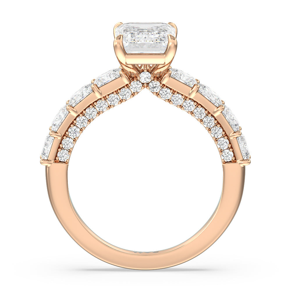 Gallery Studded Princess Cut Engagement Ring with Emerald Cut Diamond in 14KT Rose Gold view 2
