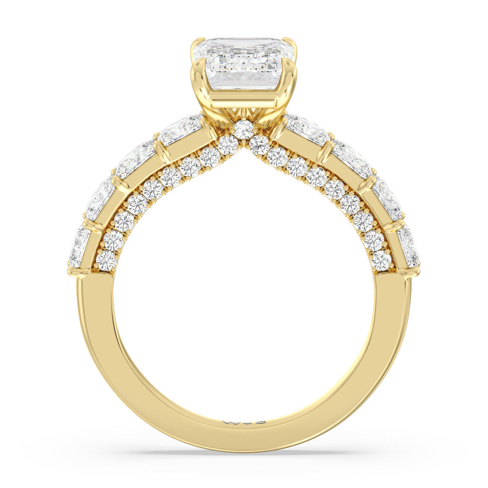 Gallery Studded Princess Cut Engagement Ring with Emerald Cut Diamond in 14KT Yellow Gold view 2
