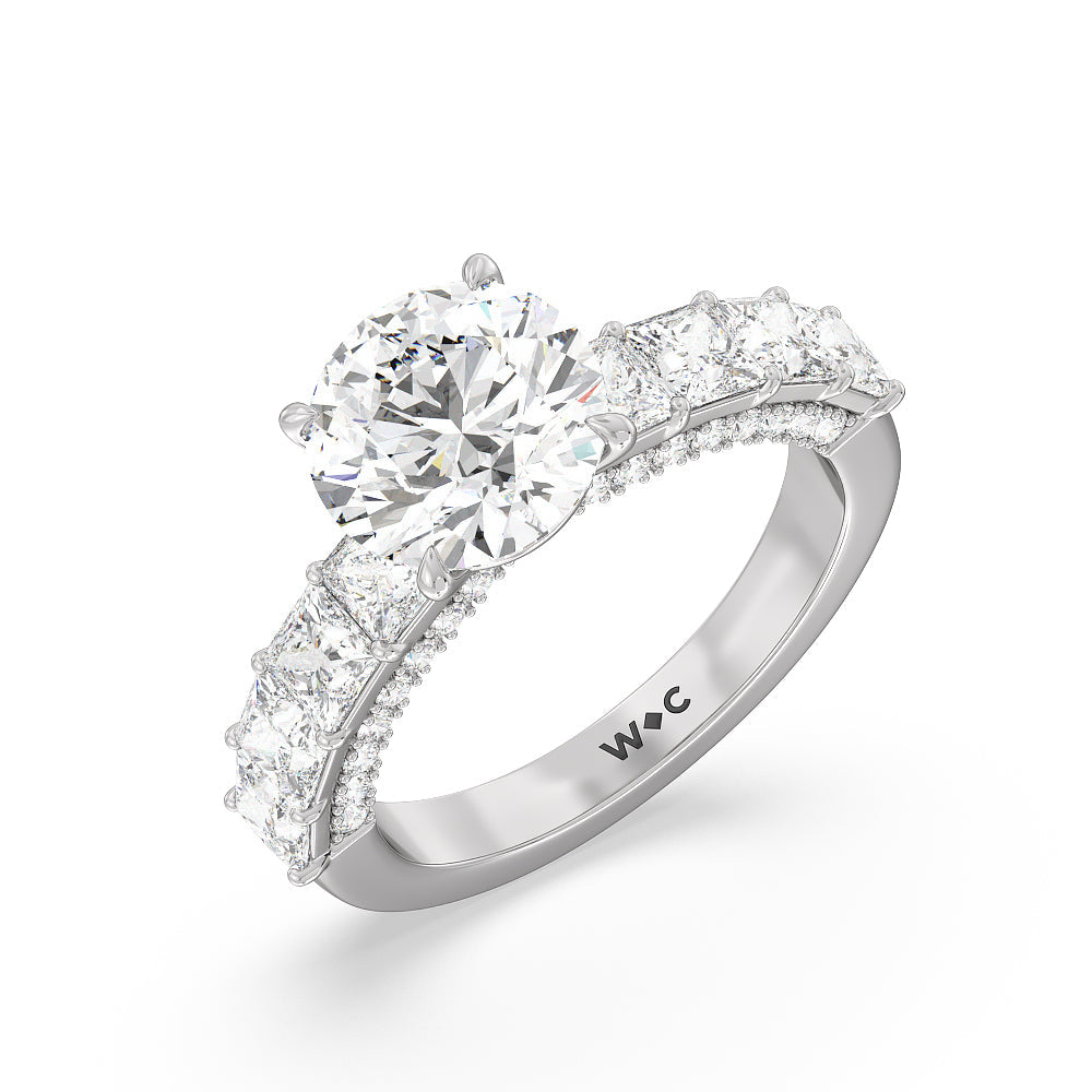 Gallery Studded Princess Cut Engagement Ring with Round Cut Diamond in 14KT Platinum view 3
