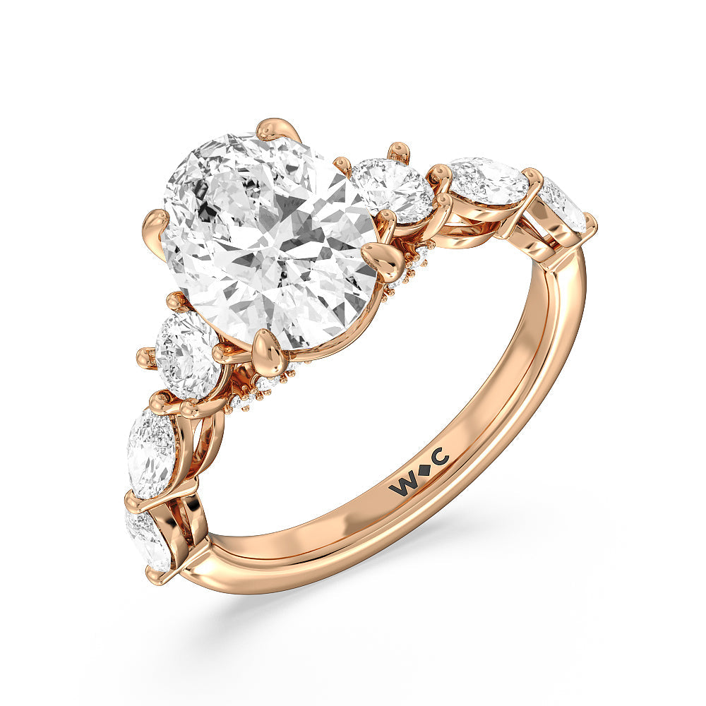 Oval Cut Fancy Cut Side Stone with Bridge Accent Engagement Ring with Lab Grown Diamond in 14KT Rose Gold view 3
