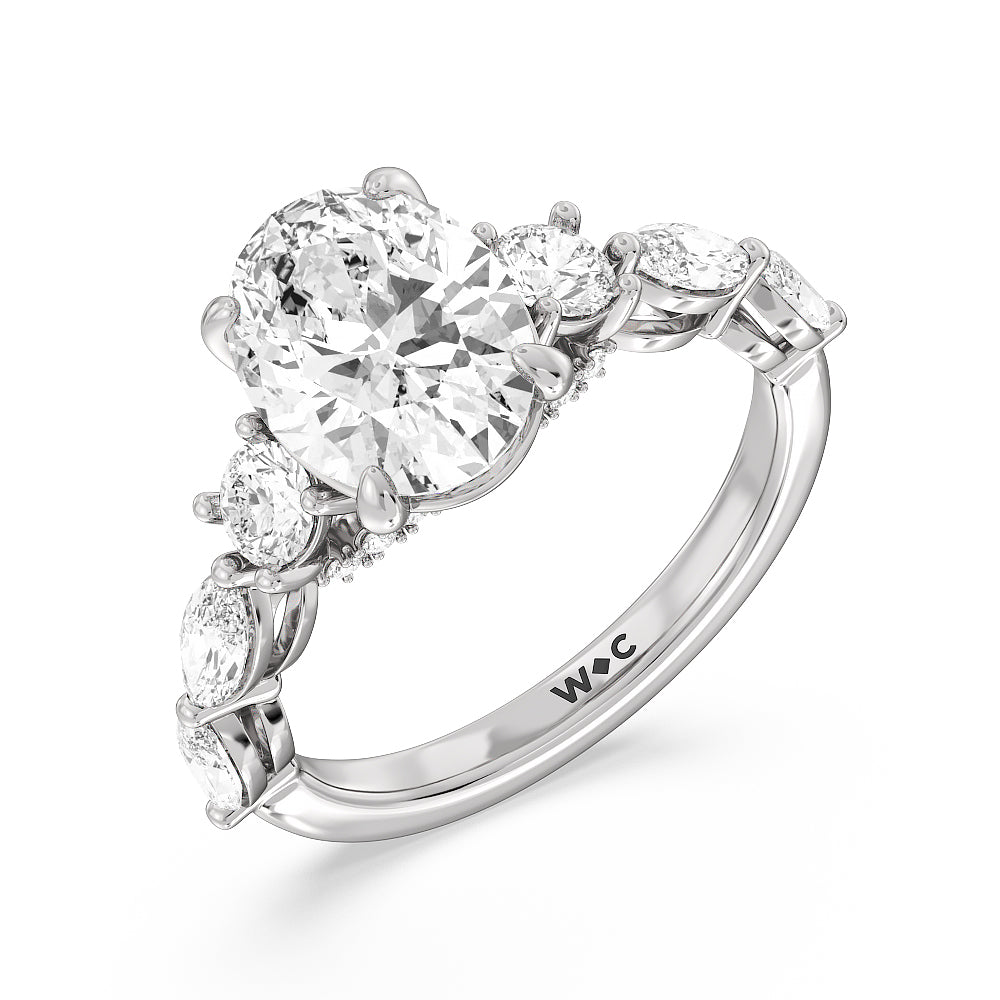 Oval Cut Fancy Cut Side Stone with Bridge Accent Engagement Ring with Lab Grown Diamond in 14KT Platinum view 3
