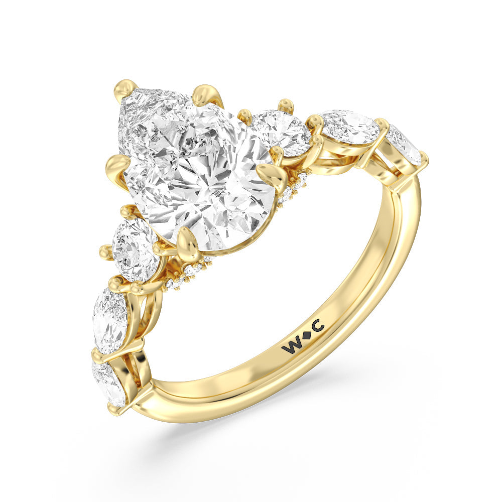 Pear Cut Fancy Cut Side Stone with Bridge Accent Engagement Ring with Lab Grown Diamond in 14KT Yellow Gold view 3
