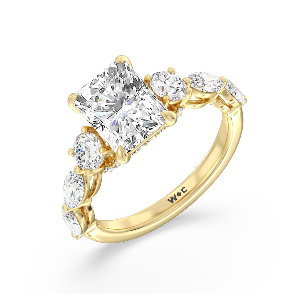 Radiant Cut Fancy Cut Side Stone with Bridge Accent Engagement Ring with Lab Grown Diamond in 14KT Yellow Gold view 3
