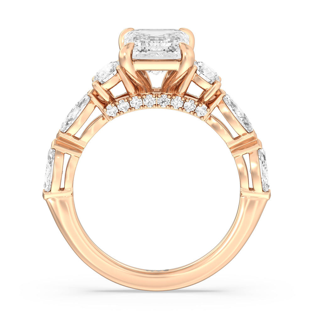 Emerald Cut Fancy Cut Side Stone with Bridge Accent Engagement Ring with Lab Grown Diamond in 14KT Rose Gold view 2
