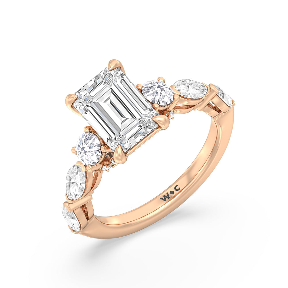 Emerald Cut Fancy Cut Side Stone with Bridge Accent Engagement Ring with Lab Grown Diamond in 14KT Rose Gold view 3
