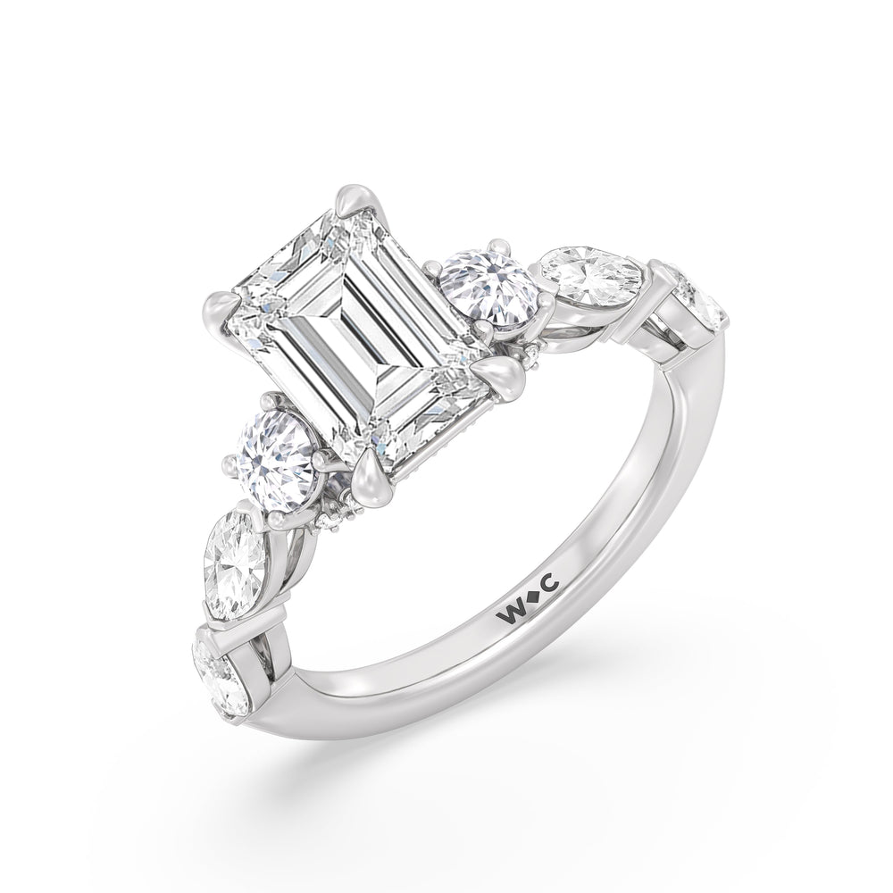 Emerald Cut Fancy Cut Side Stone with Bridge Accent Engagement Ring with Lab Grown Diamond in 14KT Platinum view 3
