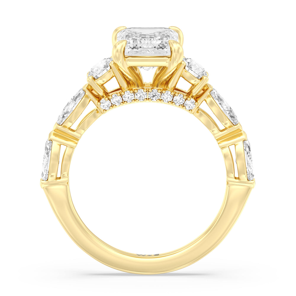 Emerald Cut Fancy Cut Side Stone with Bridge Accent Engagement Ring with Lab Grown Diamond in 14KT Yellow Gold view 2

