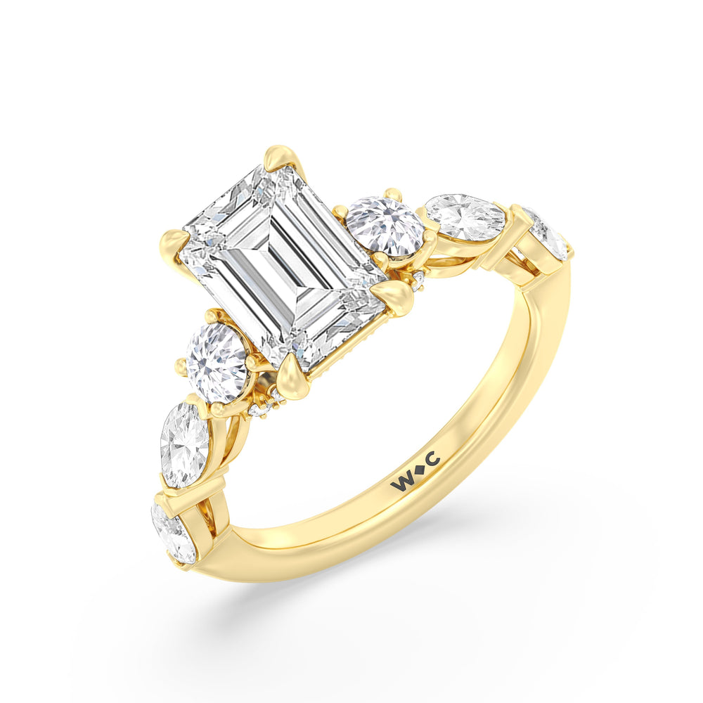 Emerald Cut Fancy Cut Side Stone with Bridge Accent Engagement Ring with Lab Grown Diamond in 14KT Yellow Gold view 3
