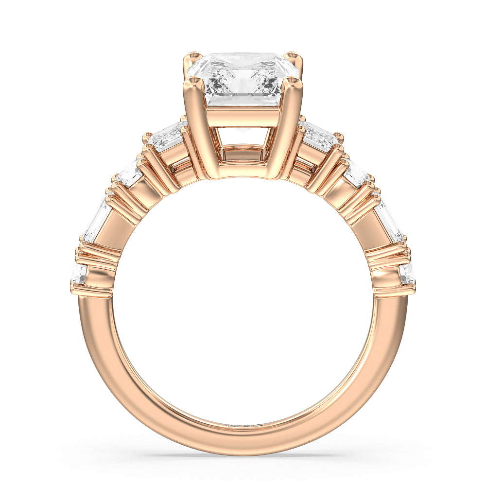 Emerald and Round Side Stone Engagement Ring with Radiant Cut Diamond in 14KT Rose Gold view 2
