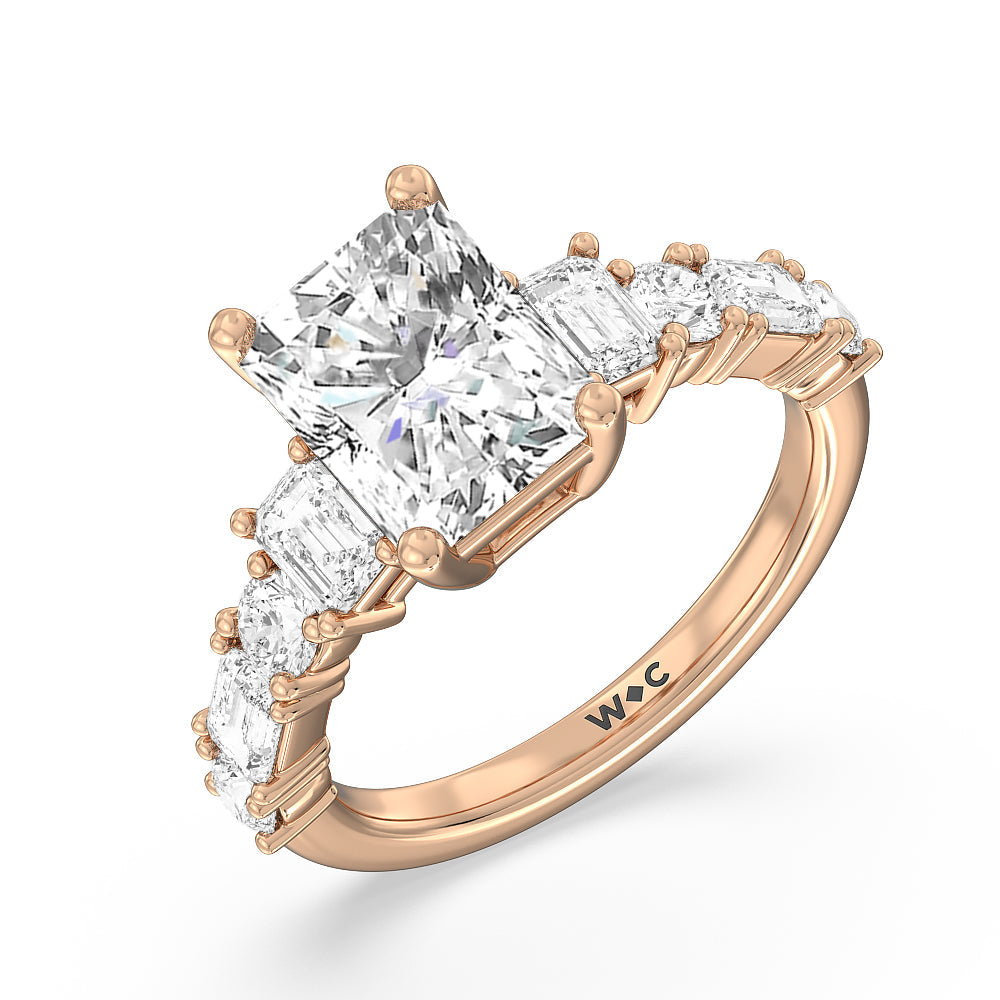Emerald and Round Side Stone Engagement Ring with Radiant Cut Diamond in 14KT Rose Gold view 3
