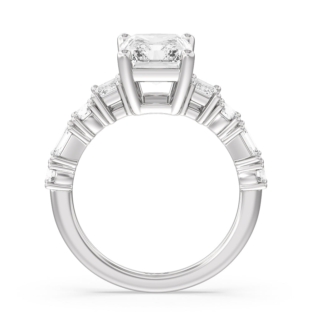Emerald and Round Side Stone Engagement Ring with Radiant Cut Diamond in 14KT Platinum view 2
