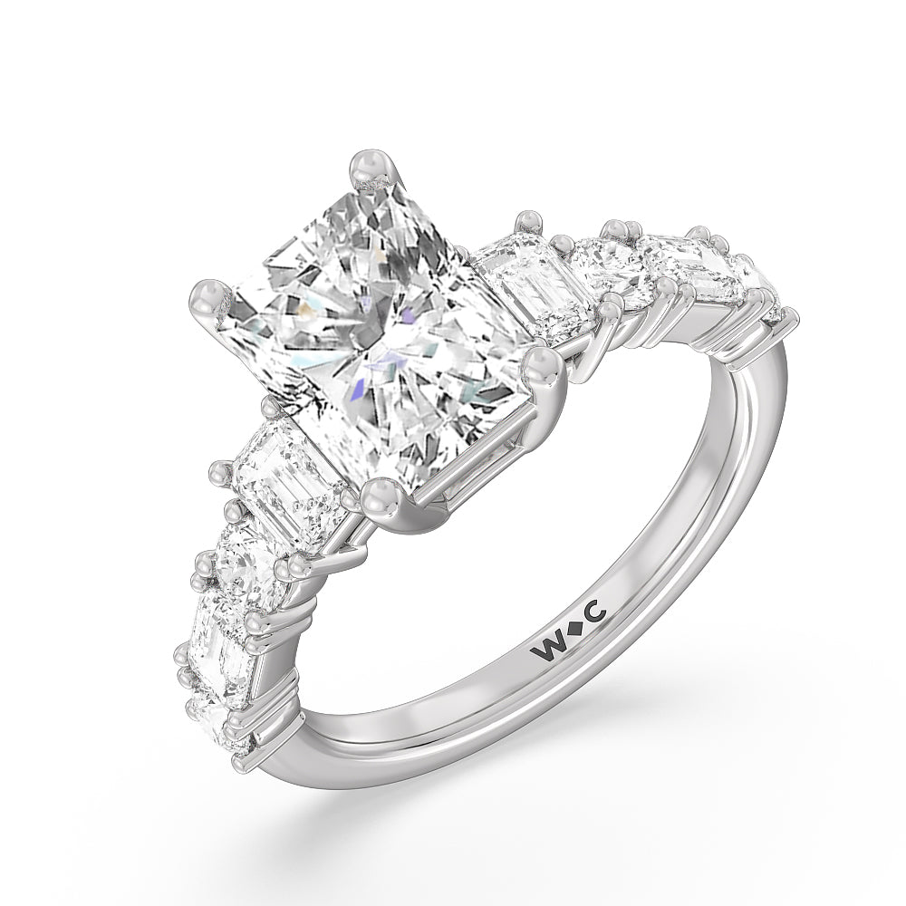Emerald and Round Side Stone Engagement Ring with Radiant Cut Diamond in 14KT Platinum view 3
