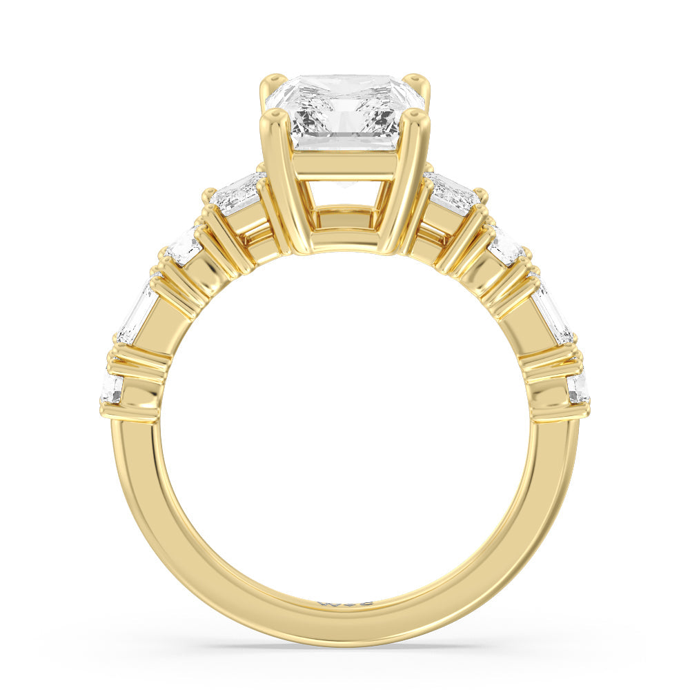 Emerald and Round Side Stone Engagement Ring with Radiant Cut Diamond in 14KT Yellow Gold view 2
