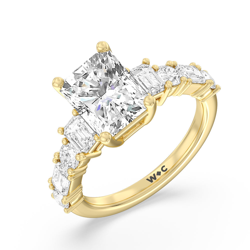 Emerald and Round Side Stone Engagement Ring with Radiant Cut Diamond in 14KT Yellow Gold view 3

