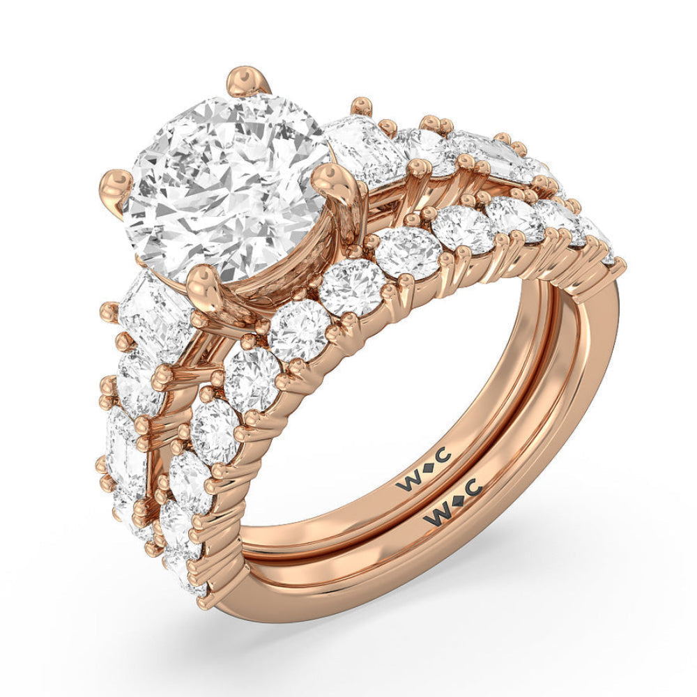Emerald and Round Side Stone Engagement Ring with Oval Cut Diamond in 14KT Rose Gold view 6
