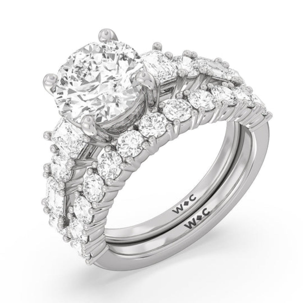 Emerald and Round Side Stone Engagement Ring with Oval Cut Diamond in 14KT Rose Gold view 4
