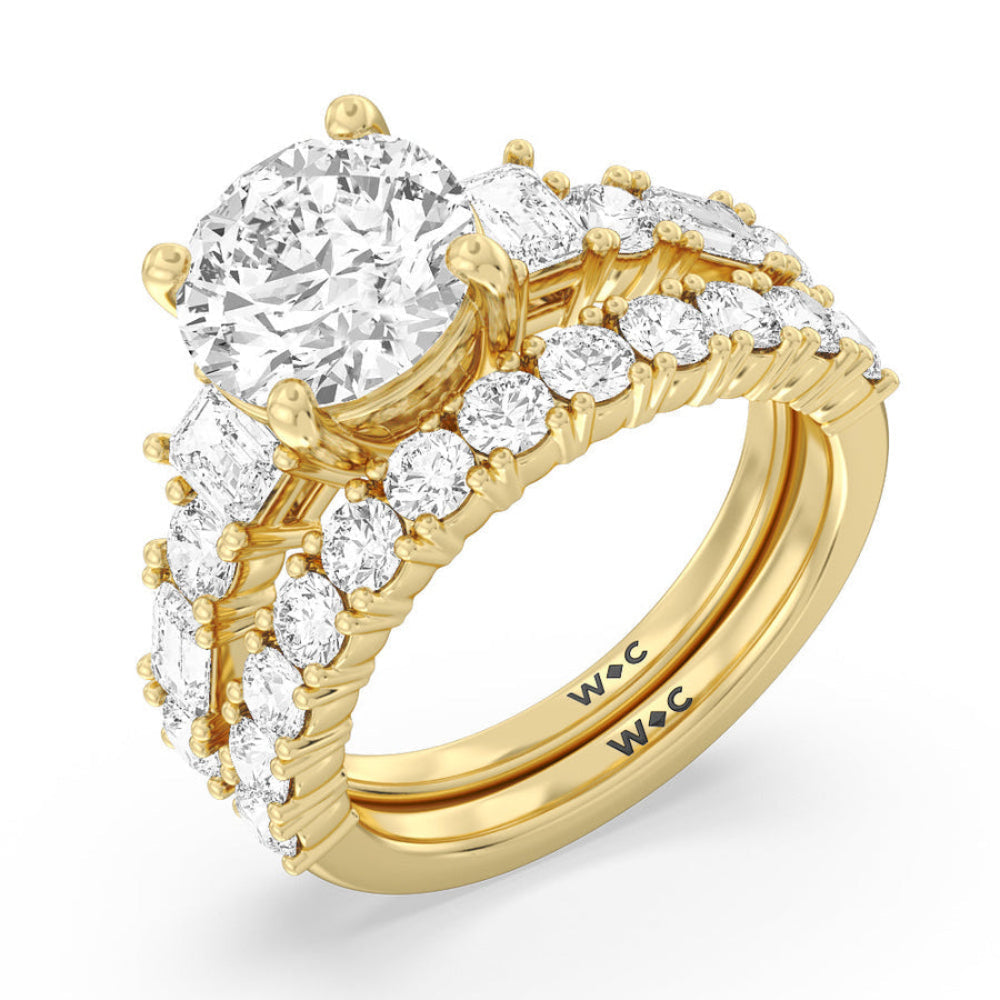Emerald and Round Side Stone Engagement Ring with Oval Cut Diamond in 14KT Rose Gold view 5
