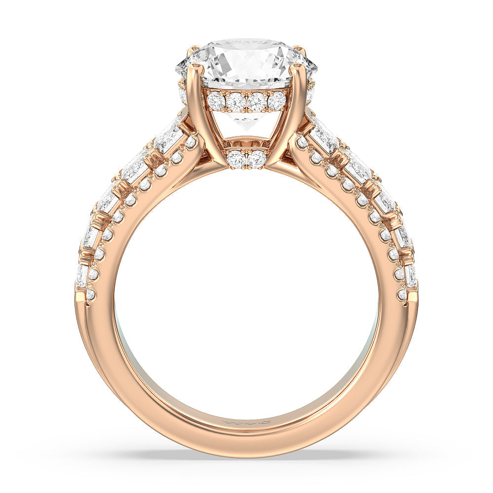 Emerald Side Stone Broad Band Hidden Halo Engagement Ring with Round Cut Diamond in 14KT Rose Gold view 2
