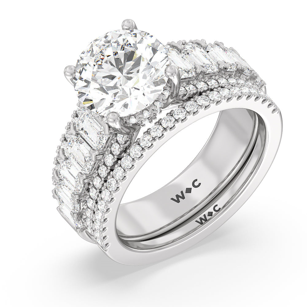 Emerald Side Stone Broad Band Hidden Halo Diamond Wedding Band with Platinum Cut Diamond in 14KT Platinum view 3
