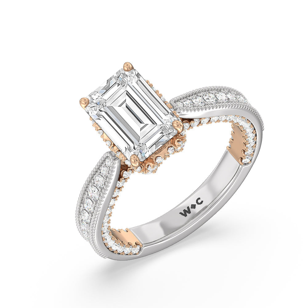 The Chrysler Ring with Emerald Cut Diamond in 14KT White & Rose Gold view 4
