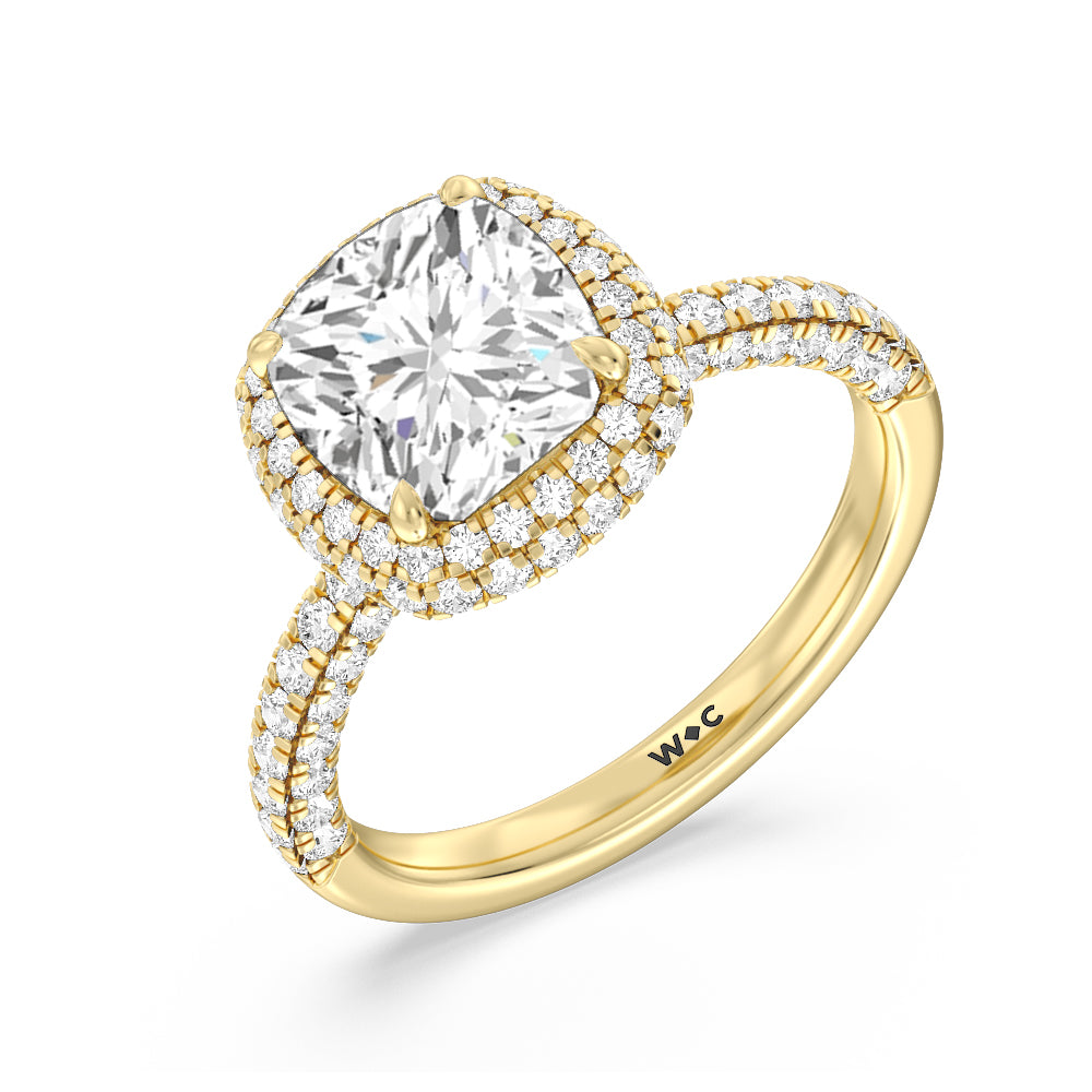 Falling Edge Dome Halo Engagement Ring with Cushion Cut Diamond in 14KT Yellow Gold view 3
