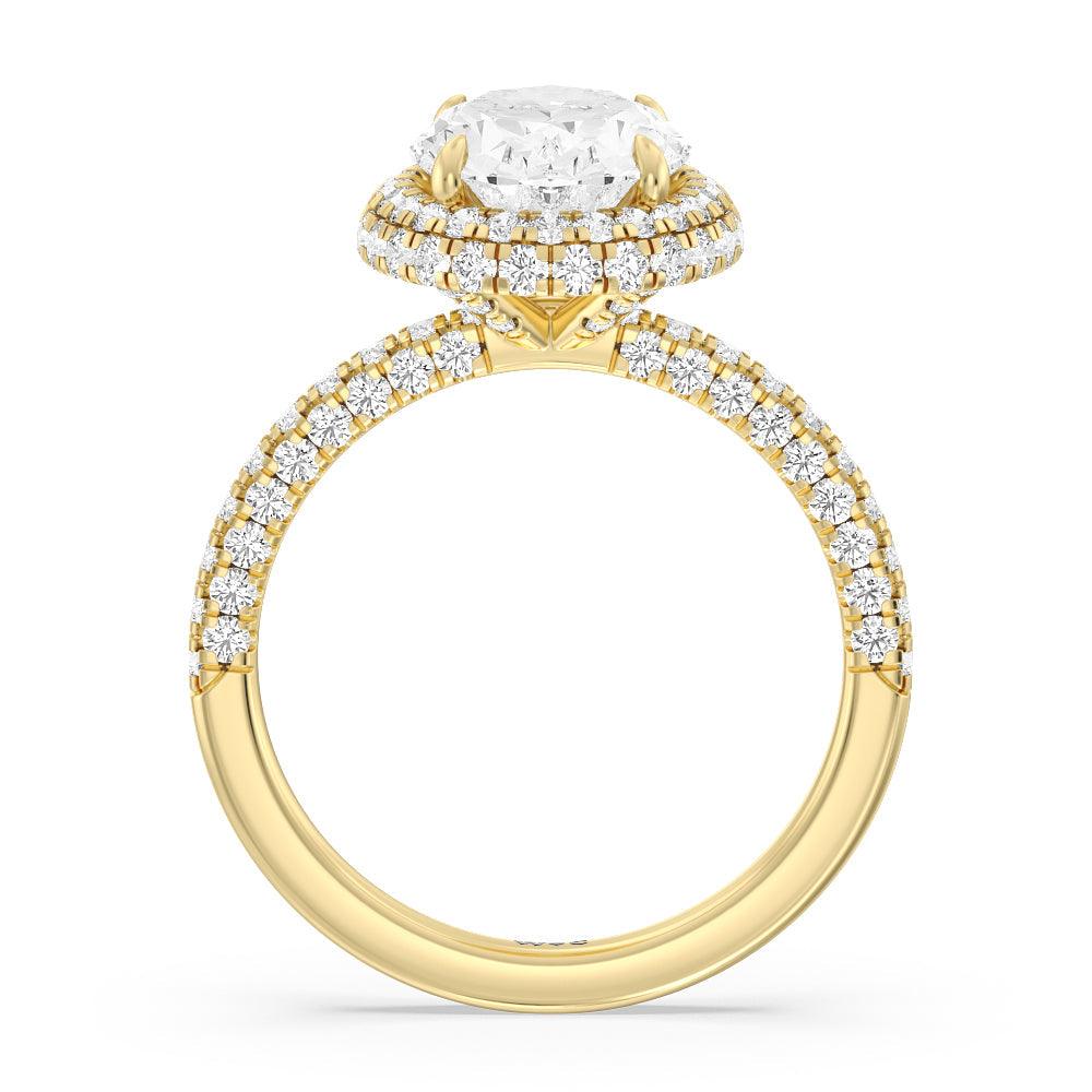 Falling Edge Dome Halo Engagement Ring with Oval Cut Diamond in 14KT Yellow Gold view 2

