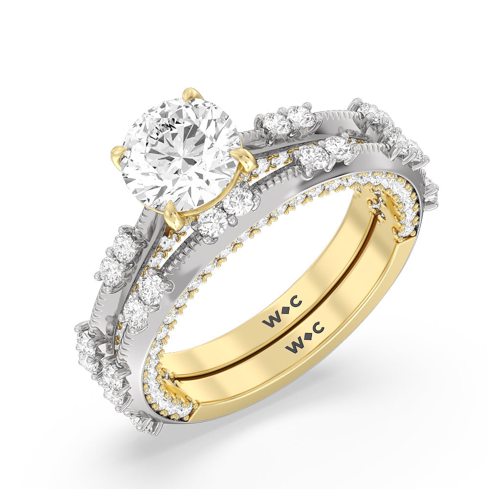 Celestia Knife Edge Milgrain Wedding Band with 18KT White & Yellow Gold Cut Diamond in 14KT White & Yellow Gold view 3
