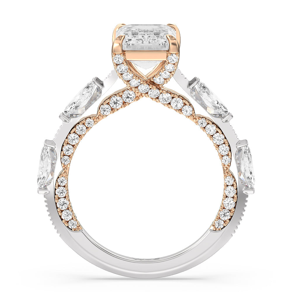 Celestia Marquise Set Studded Gallery Engagement Ring with Emerald Cut Diamond in 14KT White & Rose Gold view 2
