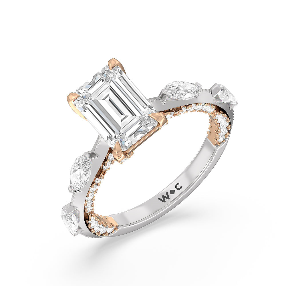 Celestia Marquise Set Studded Gallery Engagement Ring with Emerald Cut Diamond in 14KT White & Rose Gold view 3
