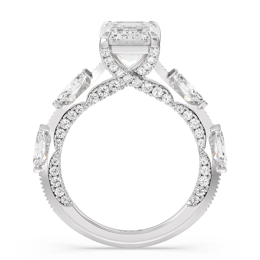 Celestia Marquise Set Studded Gallery Engagement Ring with Emerald Cut Diamond in 14KT Platinum view 2
