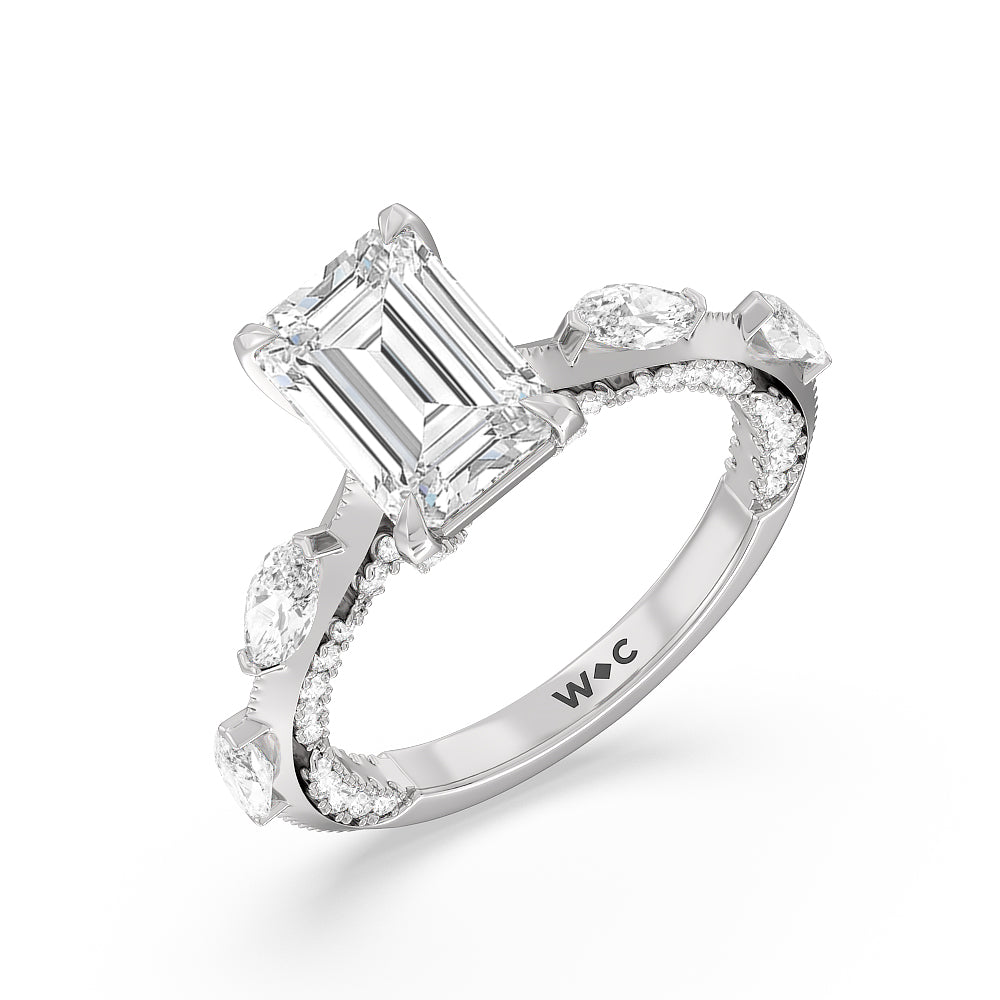 Celestia Marquise Set Studded Gallery Engagement Ring with Emerald Cut Diamond in 14KT Platinum view 3
