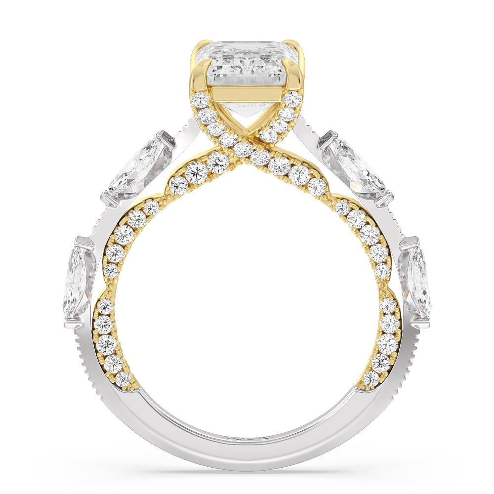 Celestia Marquise Set Studded Gallery Engagement Ring with Emerald Cut Diamond in 14KT White & Yellow Gold view 2
