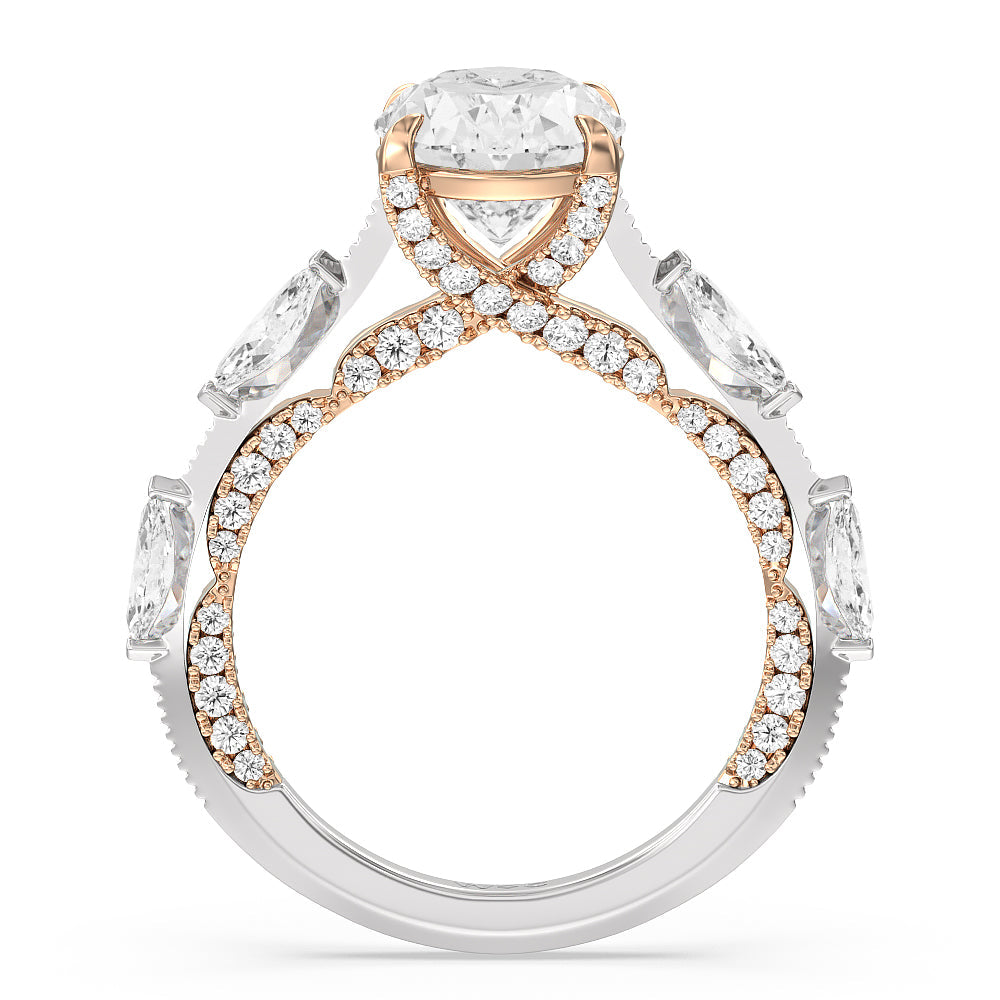 Celestia Marquise Set Studded Gallery Engagement Ring with Oval Cut Diamond in 14KT White & Rose Gold view 2
