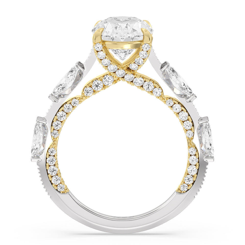 Celestia Marquise Set Studded Gallery Engagement Ring with Oval Cut Diamond in 14KT White & Yellow Gold view 2
