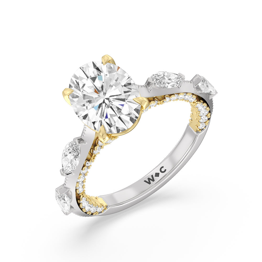 Celestia Marquise Set Studded Gallery Engagement Ring with Oval Cut Diamond in 14KT White & Yellow Gold view 3
