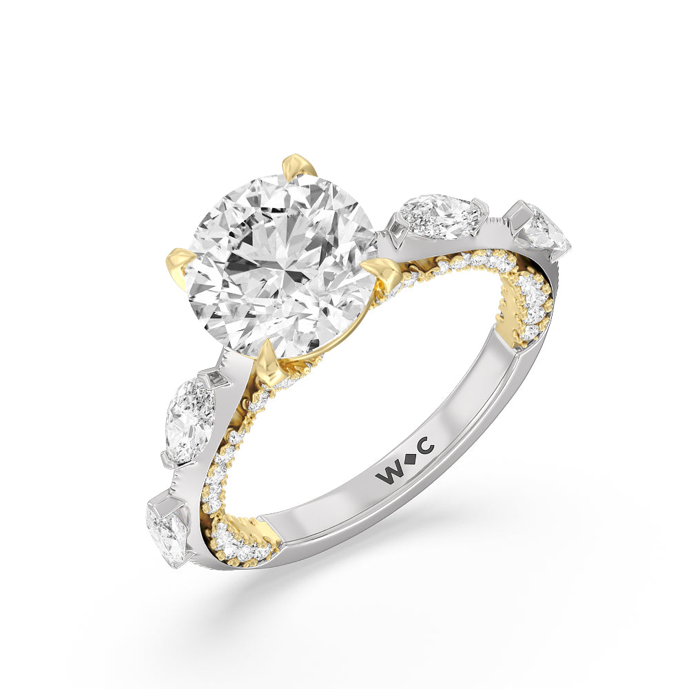 Celestia Marquise Set Studded Gallery Engagement Ring with Round Cut Diamond in 14KT White & Yellow Gold view 3
