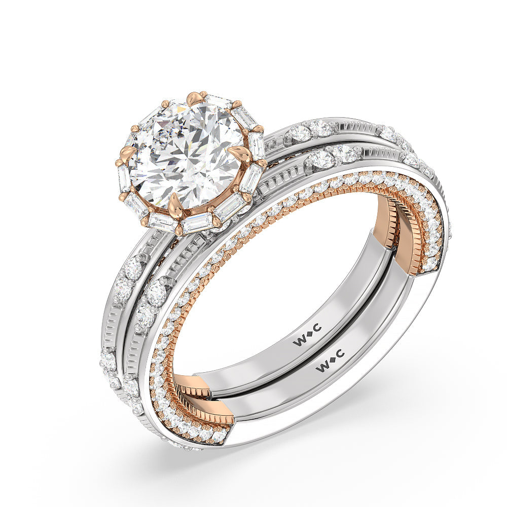 Celestia Baguette Halo Wedding Band with 18KT White & Rose Gold Cut Diamond in 14KT White & Rose Gold view 3
