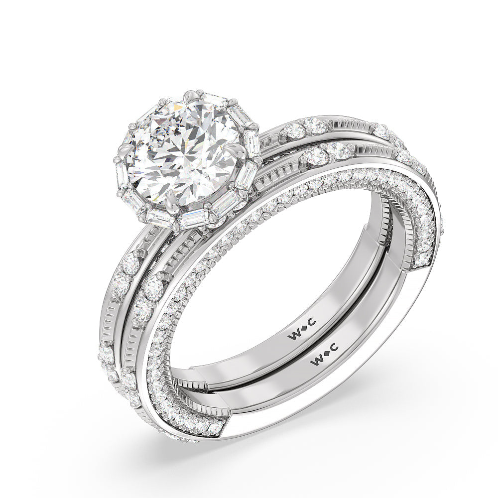 Celestia Baguette Halo Wedding Band with Platinum Cut Diamond in 14KT Platinum view 3
