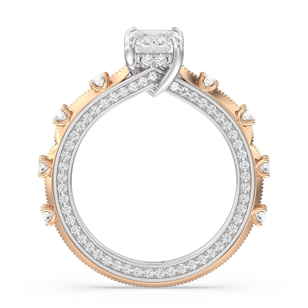 Celestia Hidden Halo Engagement Ring with Emerald Cut Diamond in 14KT White & Rose Gold view 2
