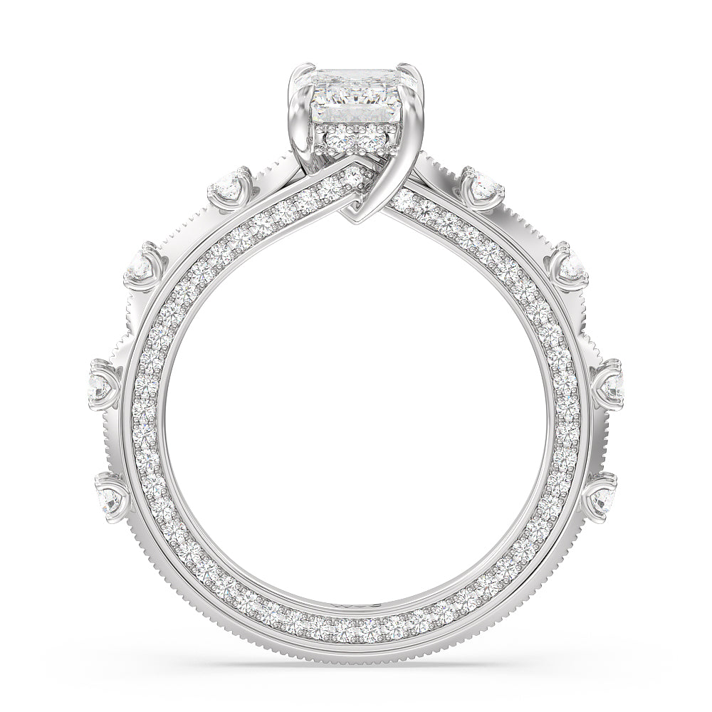 Celestia Hidden Halo Engagement Ring with Emerald Cut Diamond in 14KT Platinum view 2
